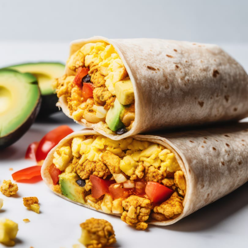Two breakfast burritos filled with scrambled eggs, avocado, and tomatoes, with avocado halves nearby.